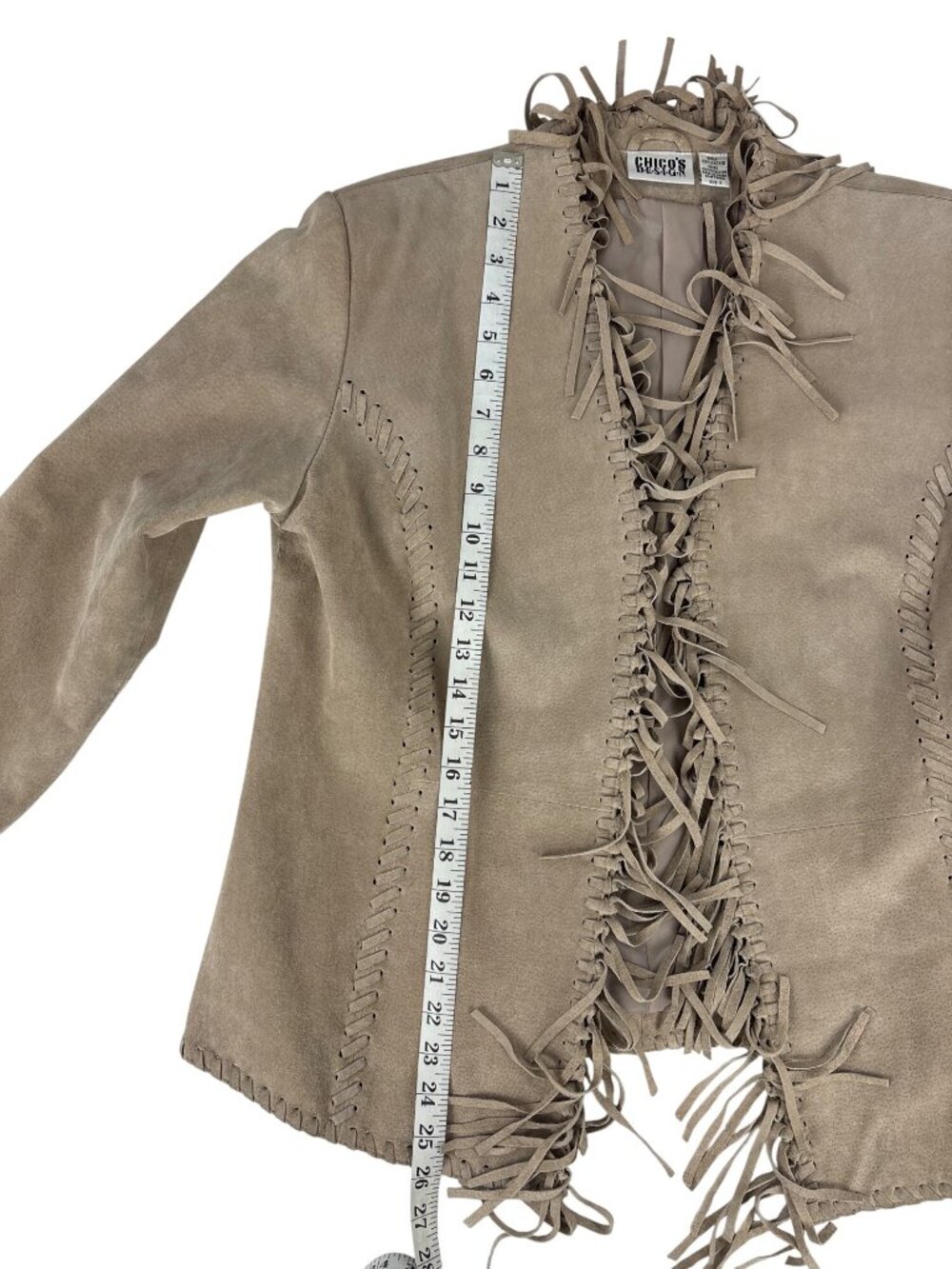 Chico's Suede Leather Fringe Western Jacket Size 2 Large Whipstitch Open Front - Picture 9 of 12